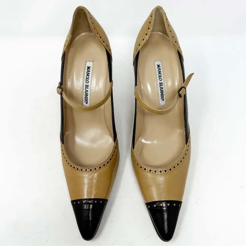 Manolo Blahnik Cap Toe Mary Jane Leather Heels Womens Size EU 39